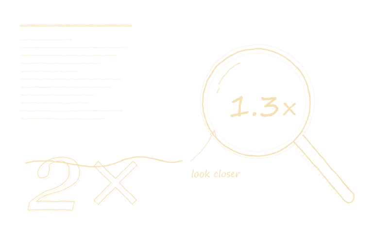 Hand-drawn sketch: a crossed-out 2×, and a magnifying glass showing 1.3×
