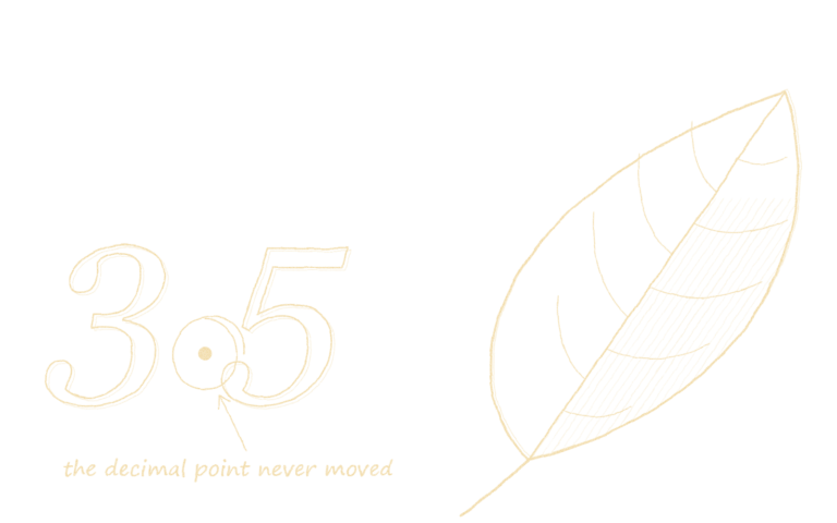 Hand-drawn sketch: a 3.5 with the decimal point circled, beside a spinach leaf